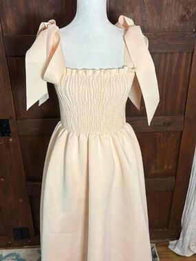 Sleeveless Bow Strap Smocked Bodice Midi Dress in Blush